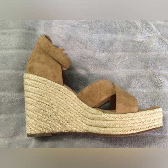 Lisa Vicky Gemi Cognac Kid Suede Platform Espadrille Wedges Size 9M - Picture 10 of 12